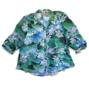 Chico's Sheer Floral Button Front Top Shirt 2 / L Coastal Grandma Chicos Casual